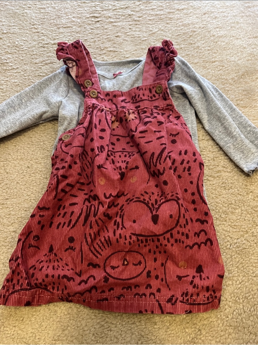12m dark pink Corduroy Owl Pinafore Dress with Gray Longsleeve Top